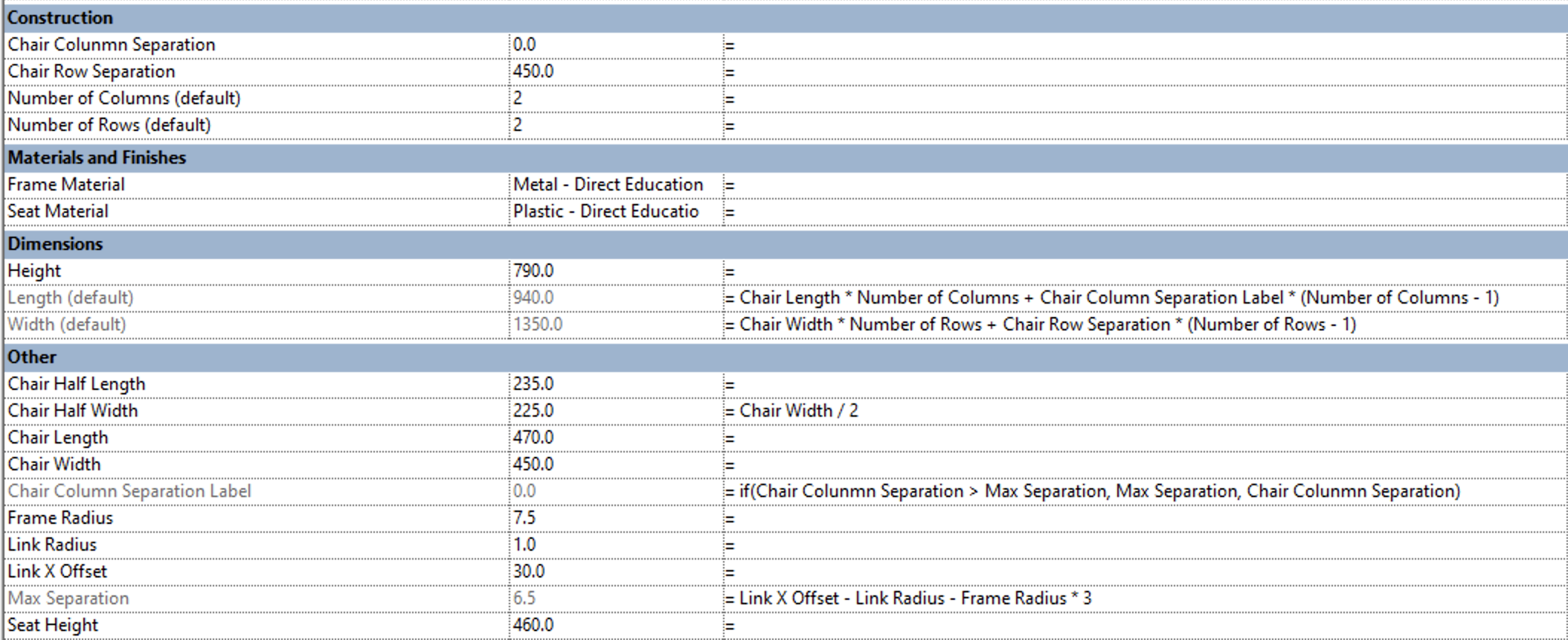 Chair array formulas driving parameters in Revit